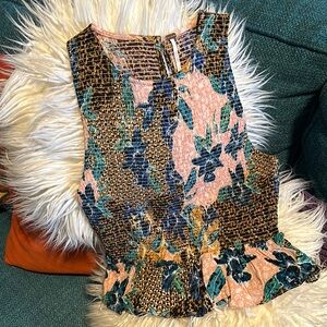 Free People SMALL Women's Sounds of Summer Ruched Smocked Top Floral